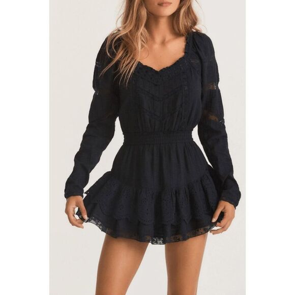 LoveShackFancy Black Sanaya Long Sleeve Mini Dress Women's Size Large NEW - Picture 1 of 7